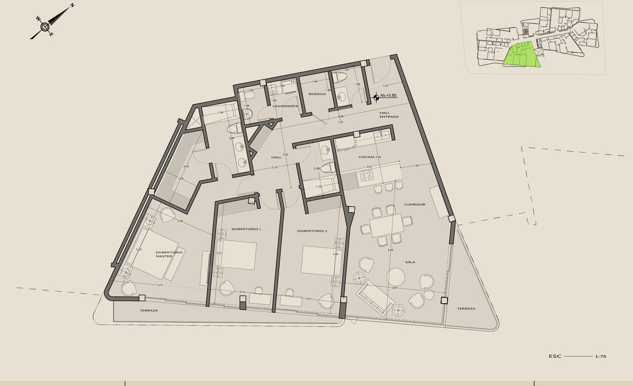 Planta arquitectónica del departamento 201, La planta mayor, Nivel +3,85.