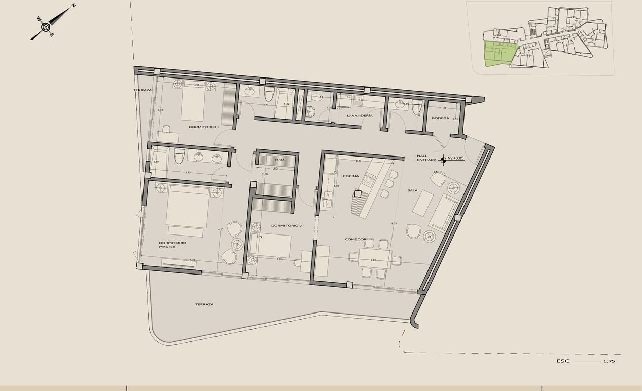 Planta arquitectónica del departamento 202, La terraza mayor, Nivel +3,85.