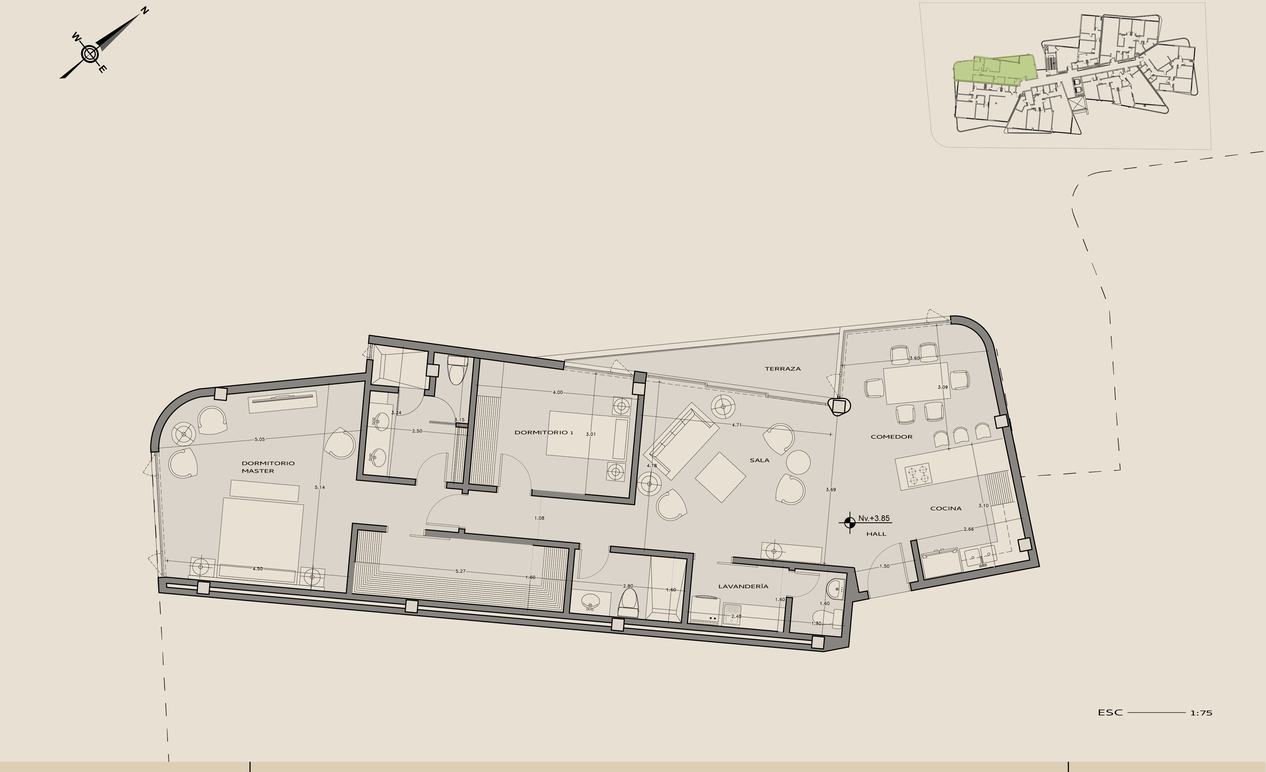Planta arquitectónica del departamento 203, El eje largo, Nivel +3,85.