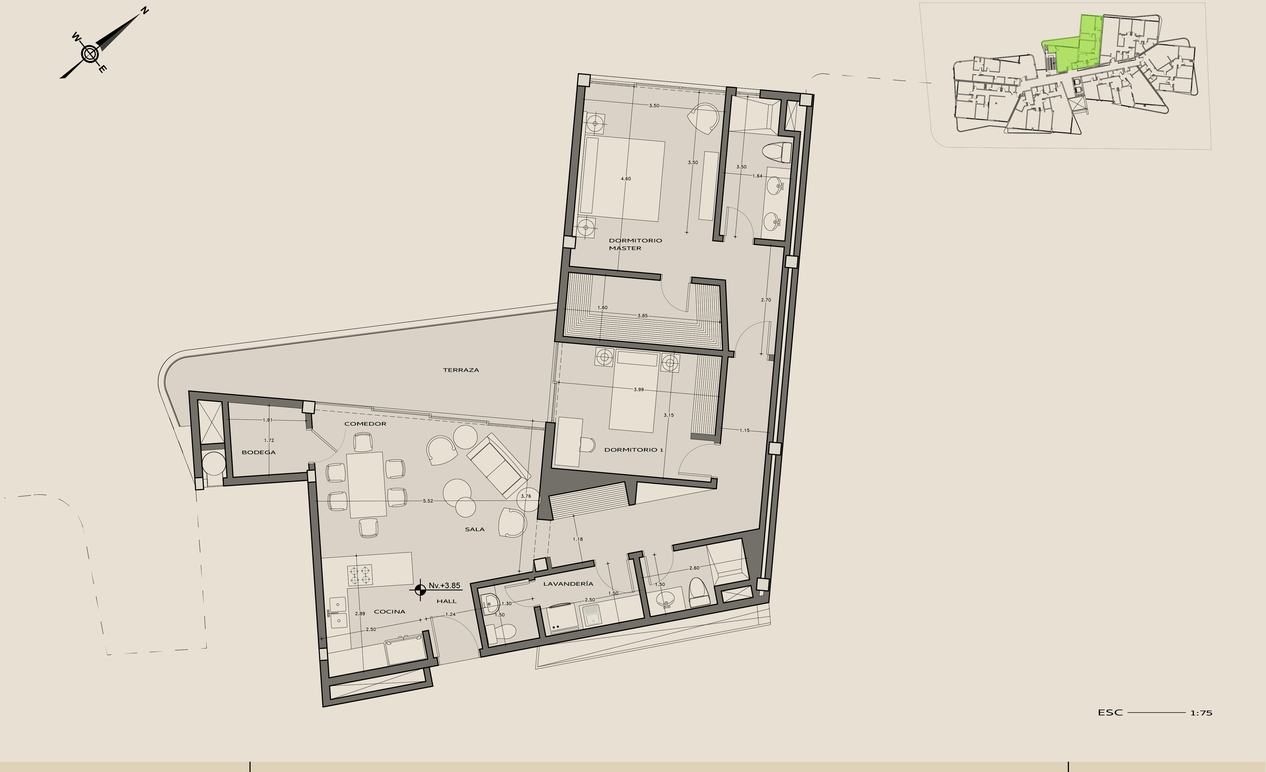 Planta arquitectónica del departamento 204, El quiebre, Nivel +3,85.