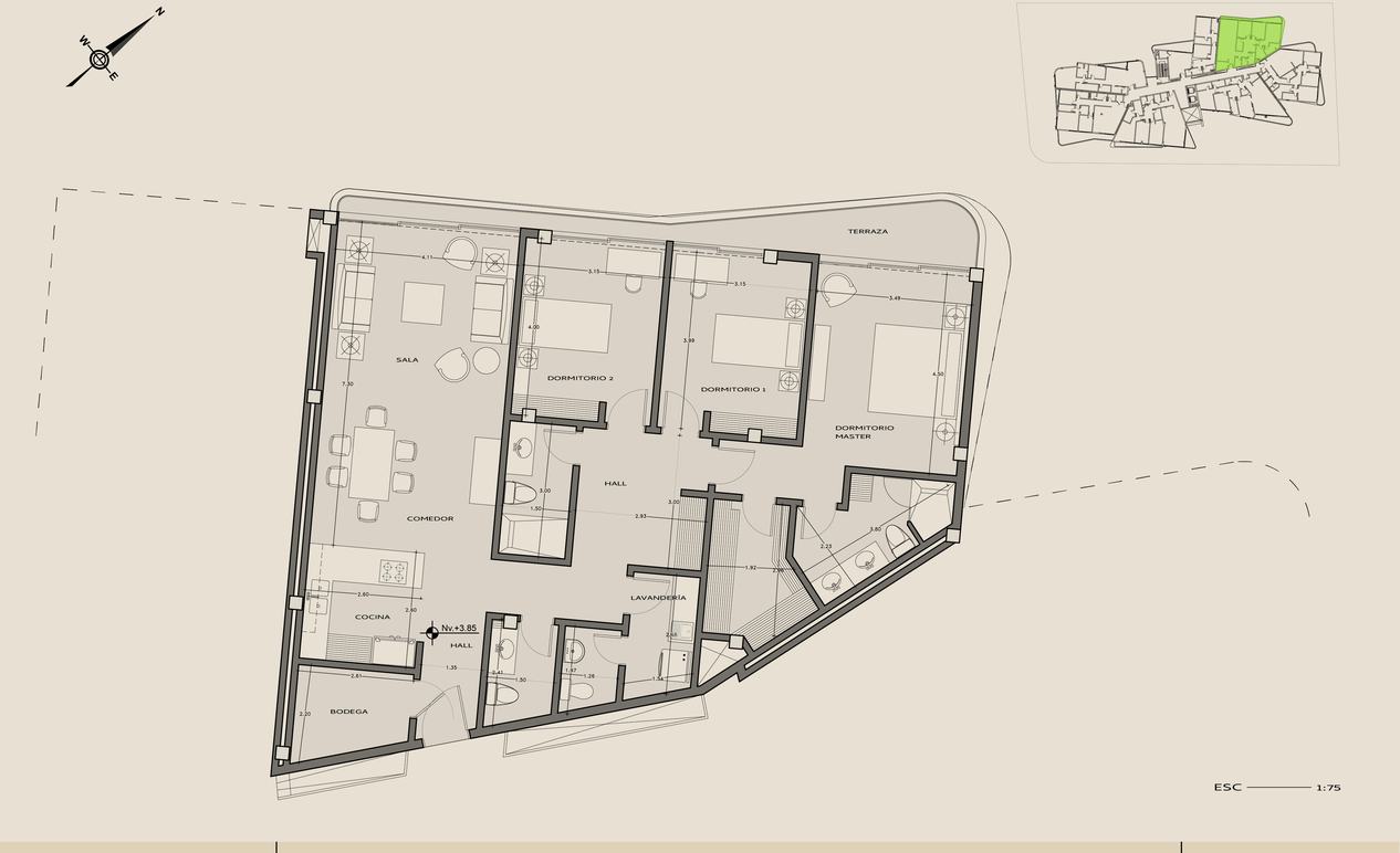 Planta arquitectónica del departamento 205, Tres en línea, Nivel +3,85.