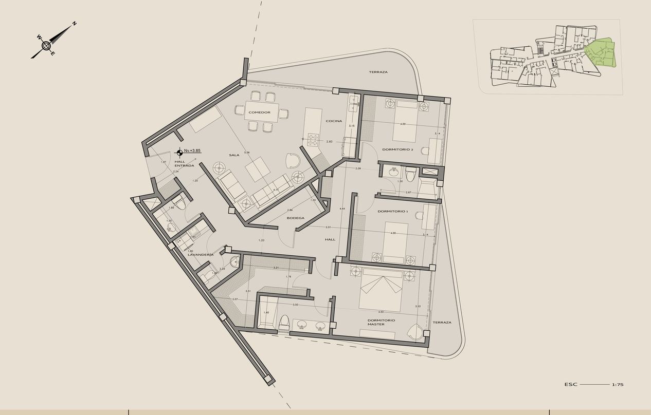 Planta arquitectónica del departamento 206, Dos terrazas, Nivel +3,85.