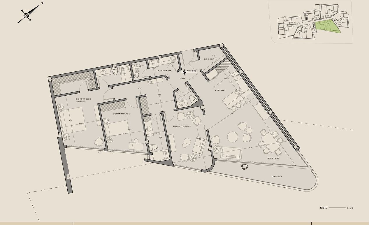 Planta arquitectónica del departamento 207, La curva, Nivel +3,85.