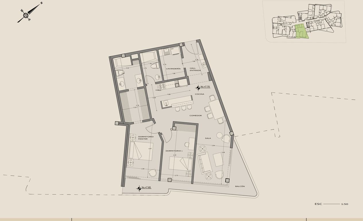 Planta arquitectónica del departamento 301, La terraza corrida, Nivel +7,70.