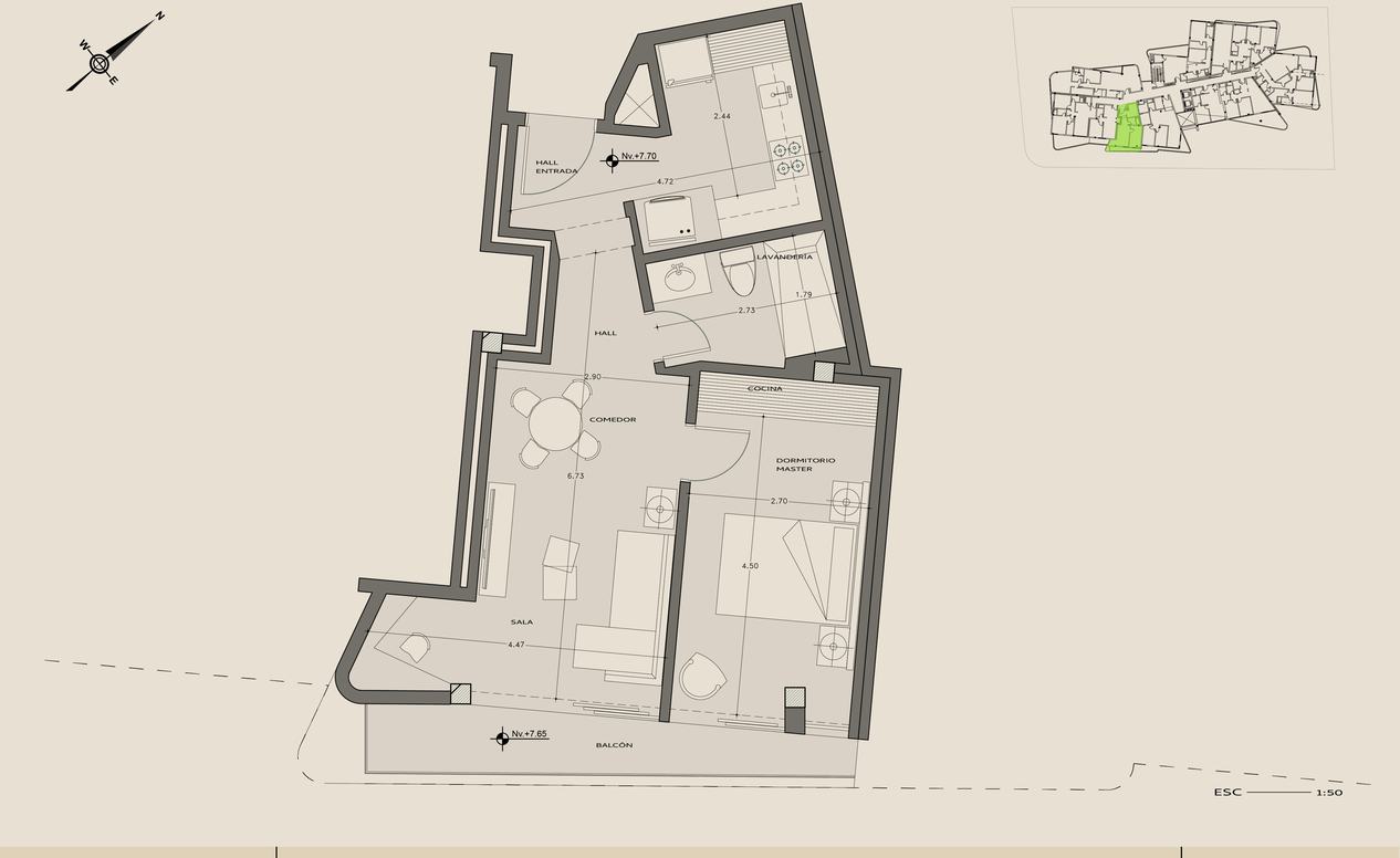 Planta arquitectónica del departamento 302, El frente curvo, Nivel +7,70.