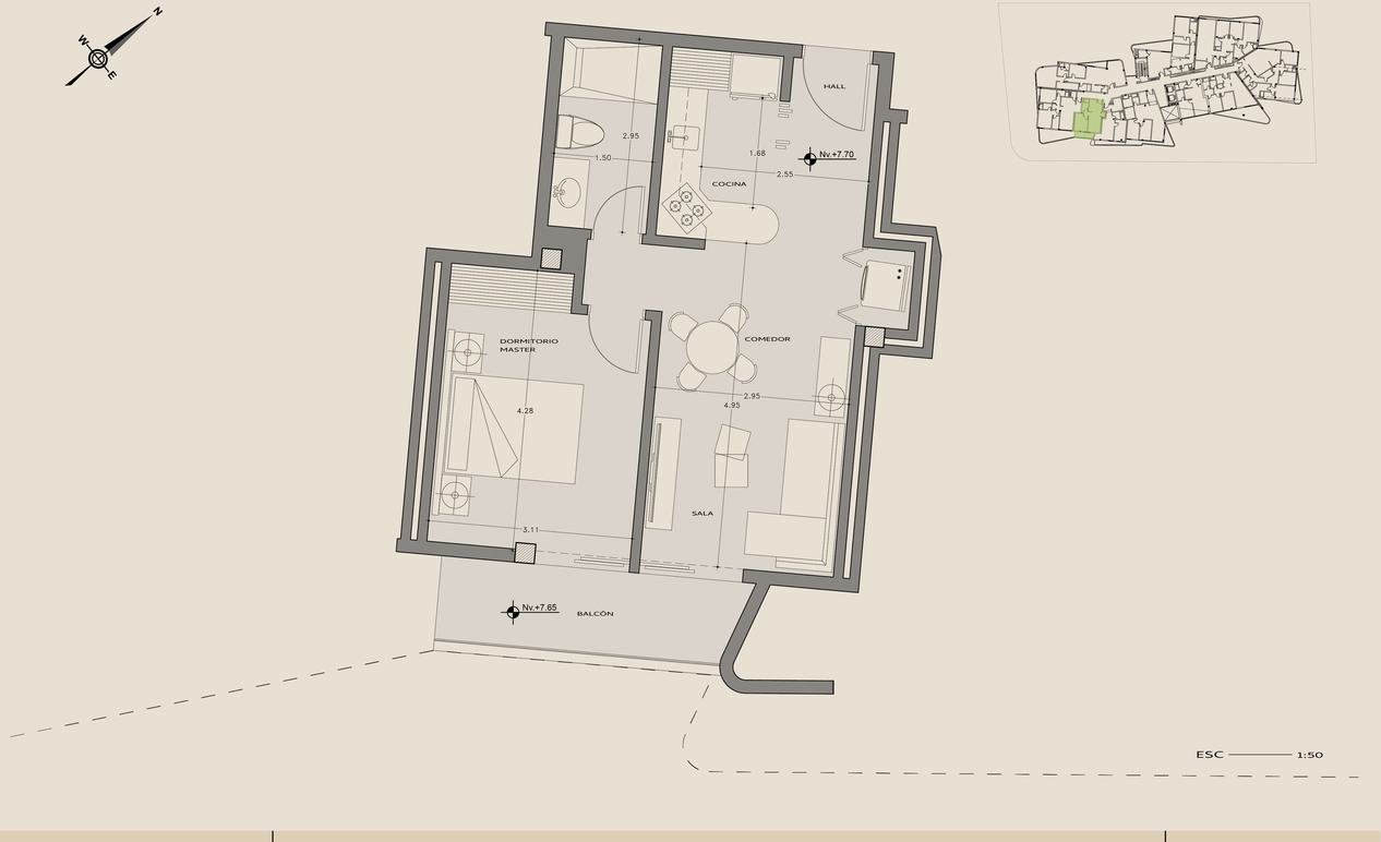 Planta arquitectónica del departamento 303, Lo esencial, Nivel +7,70.