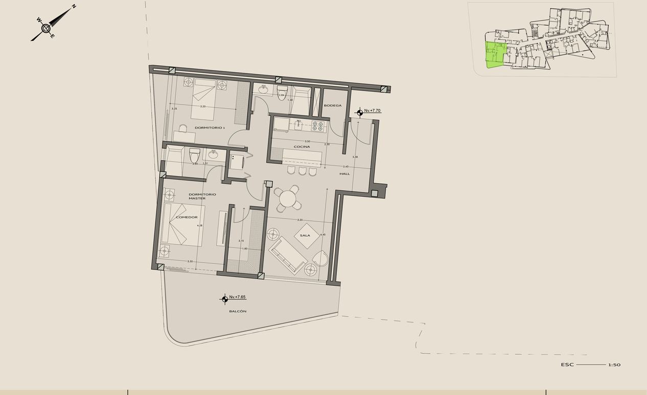 Planta arquitectónica del departamento 304, El retiro alto, Nivel +7,70.
