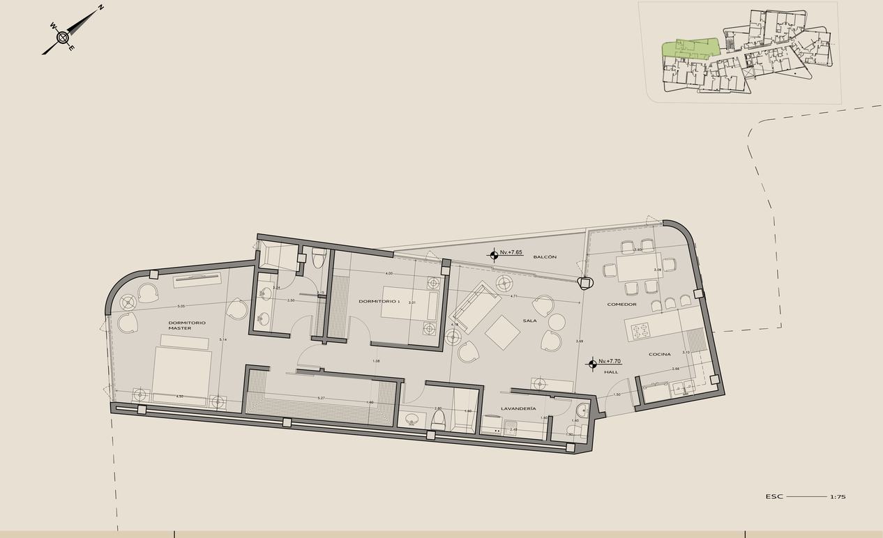Planta arquitectónica del departamento 305, El eje largo, arriba, Nivel +7,70.