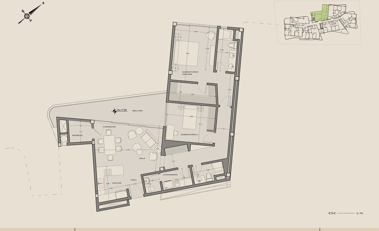 Planta arquitectónica del departamento 306, El quiebre, arriba, Nivel +7,70.