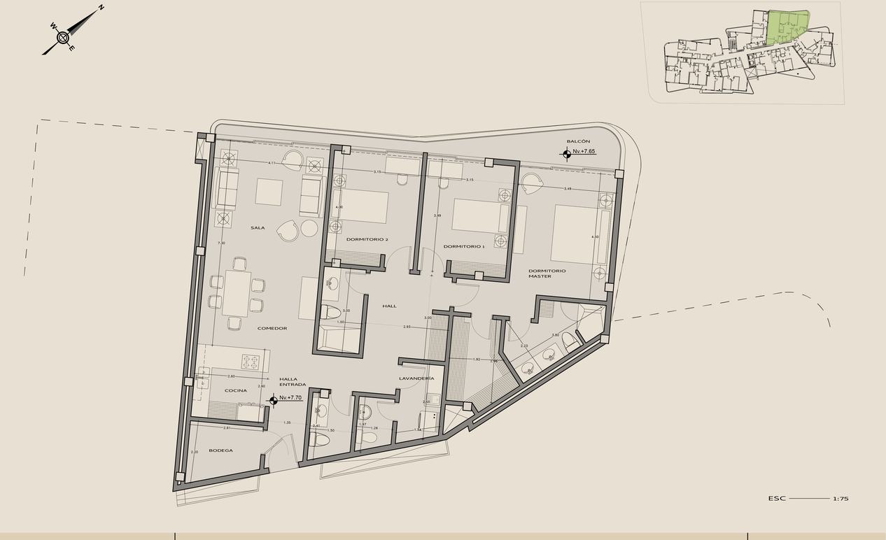 Planta arquitectónica del departamento 307, Tres, último piso, Nivel +7,70.