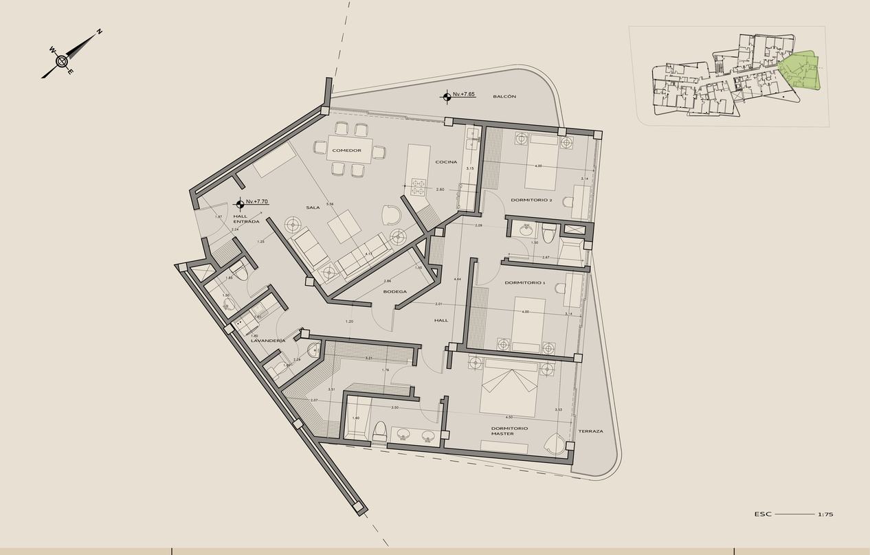 Planta arquitectónica del departamento 308, Dos salidas, Nivel +7,70.