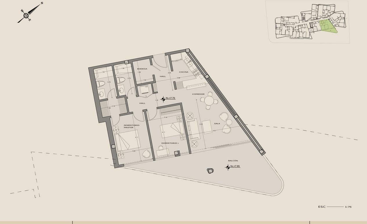 Planta arquitectónica del departamento 309, La punta, Nivel +7,70.