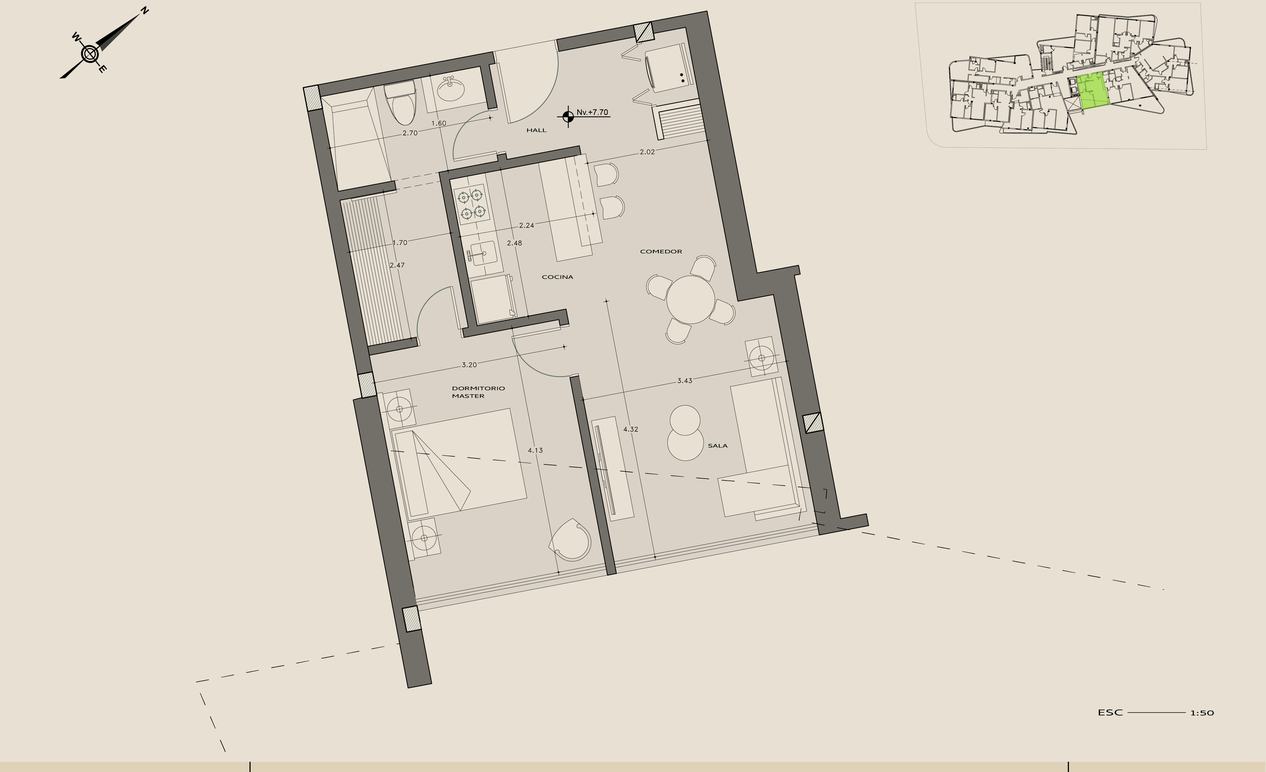 Planta arquitectónica del departamento 310, El centro, Nivel +7,70.